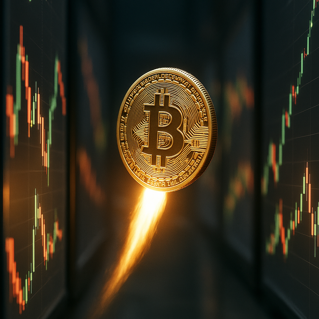 a glowing golden bitcoin rocketing through a neon-lit canyon of price candles
