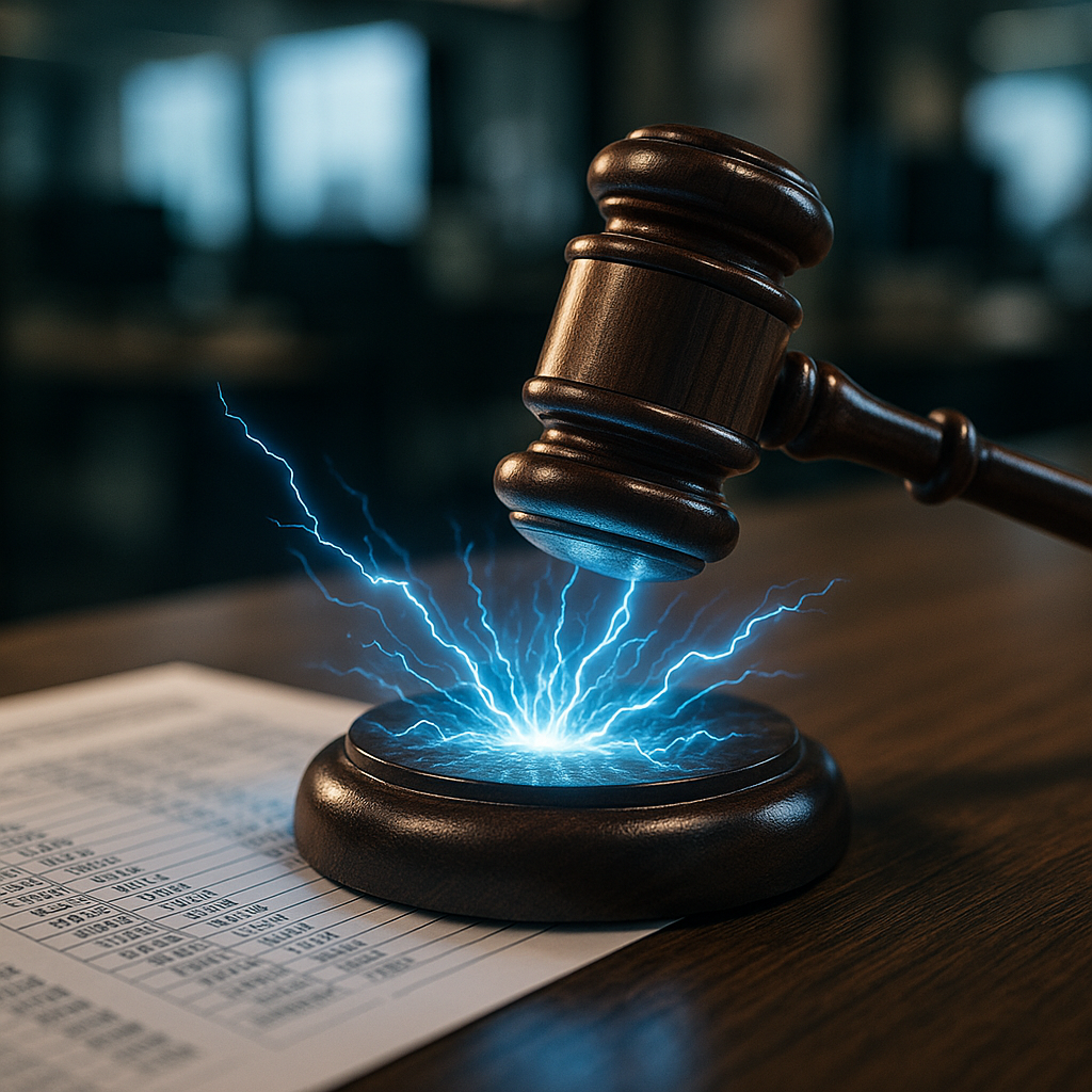 a courtroom gavel striking sparks of electric blue energy over a digital ledger