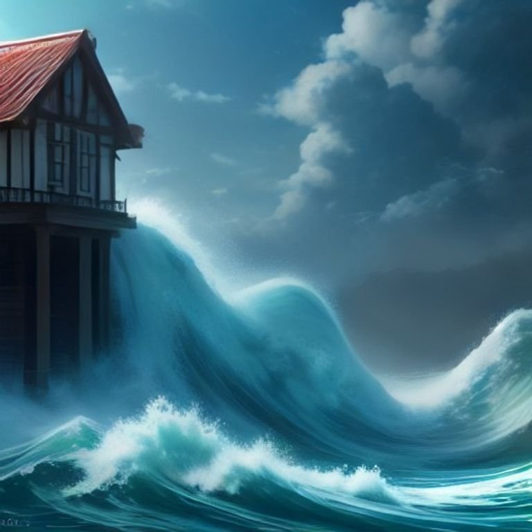 an abstract representation of market volatility with turbulent waves crashing against stationary houses symbolizing stability amid uncertain