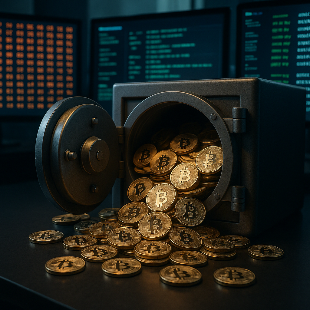 a dramatic scene of a digital vault overflowing with bitcoin, surrounded by glowing screens displaying security codes and multi-sig keys in 