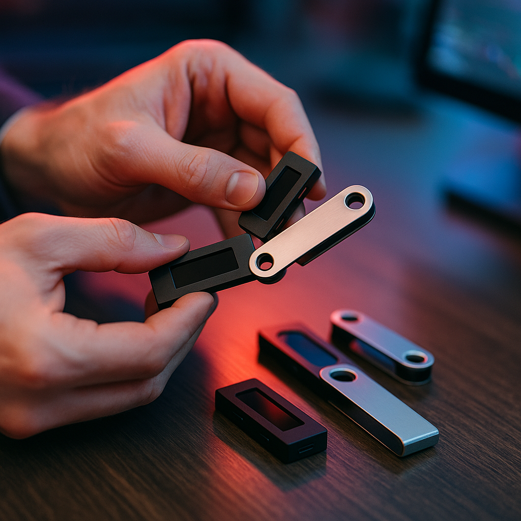 an intense close-up of hands assembling multiple disparate hardware wallets under colorful LED lights, symbolizing enhanced custody solution