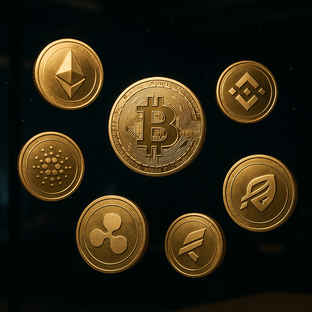 an expansive view showing various cryptocurrencies represented graphically as shining coins against dark skies filled with stars symbolizing