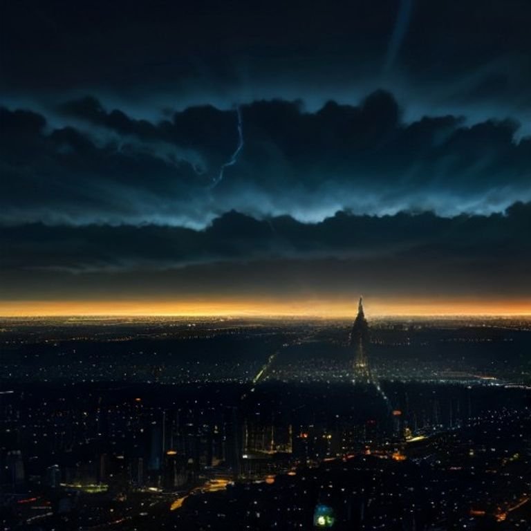 An electrifying graphic featuring dark clouds parting above city skylines filled with glowing cryptocurrency symbols contrasting light again