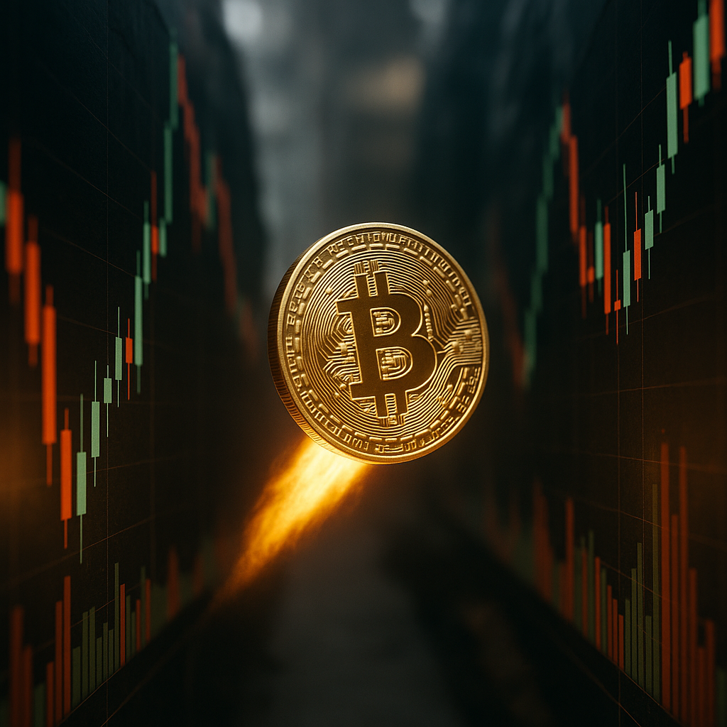 a glowing golden bitcoin rocketing through a neon-lit canyon of price candles