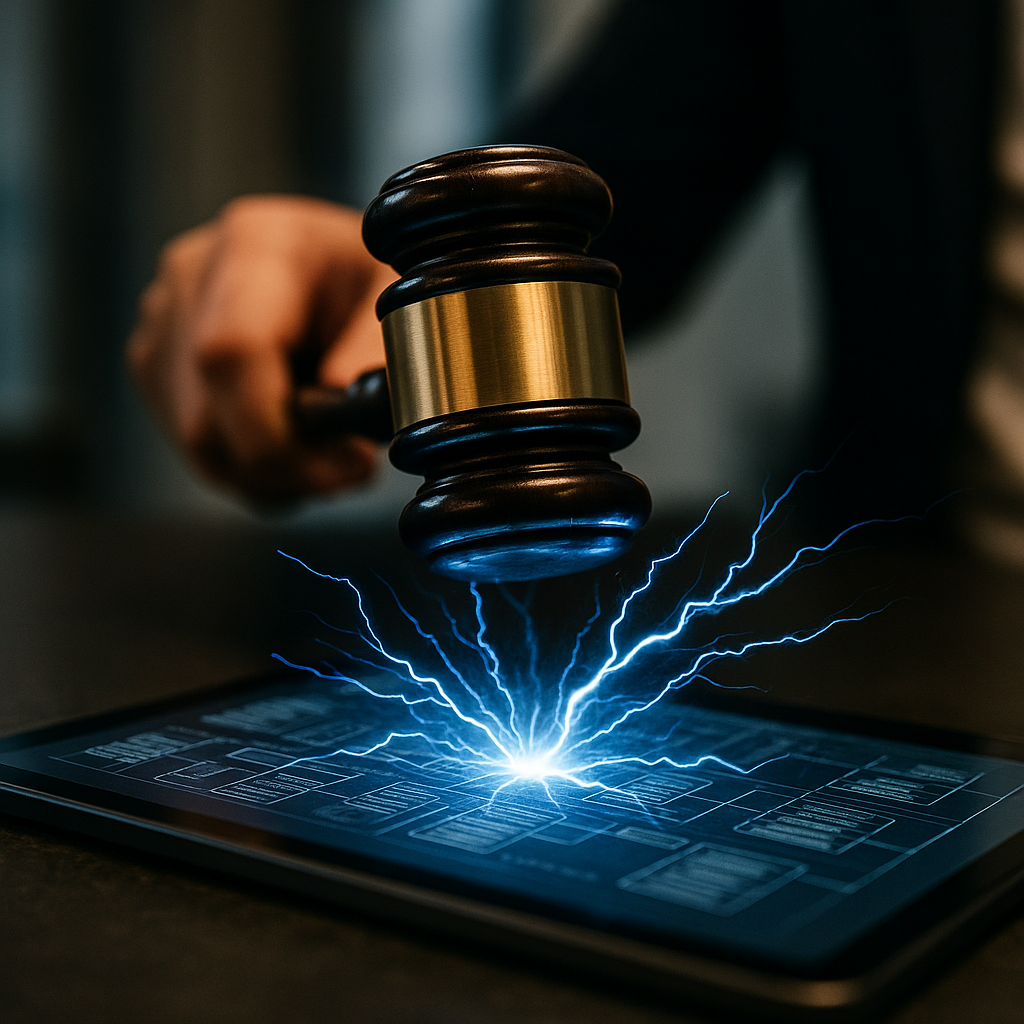a courtroom gavel striking sparks of electric blue energy over a digital ledger