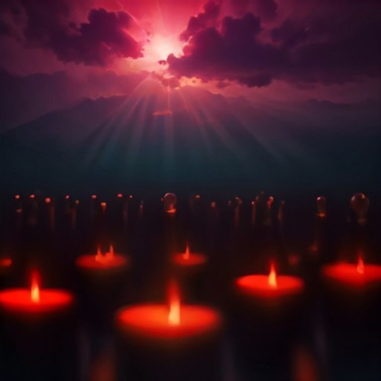 glowing candles representing Bitcoin prices flicker amidst a backdrop of uncertainty with dark clouds gathering overhead