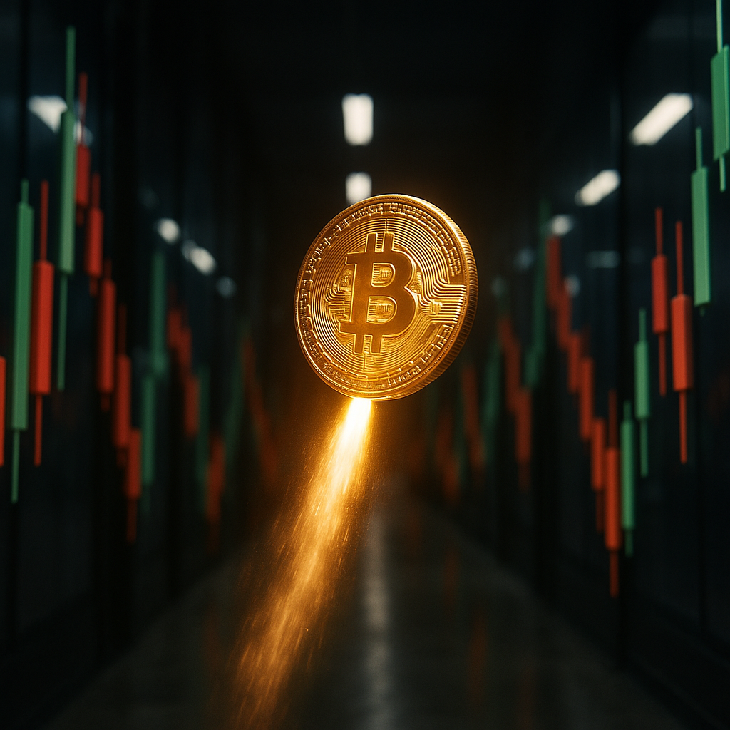 a glowing golden bitcoin rocketing through a neon-lit canyon of price candles