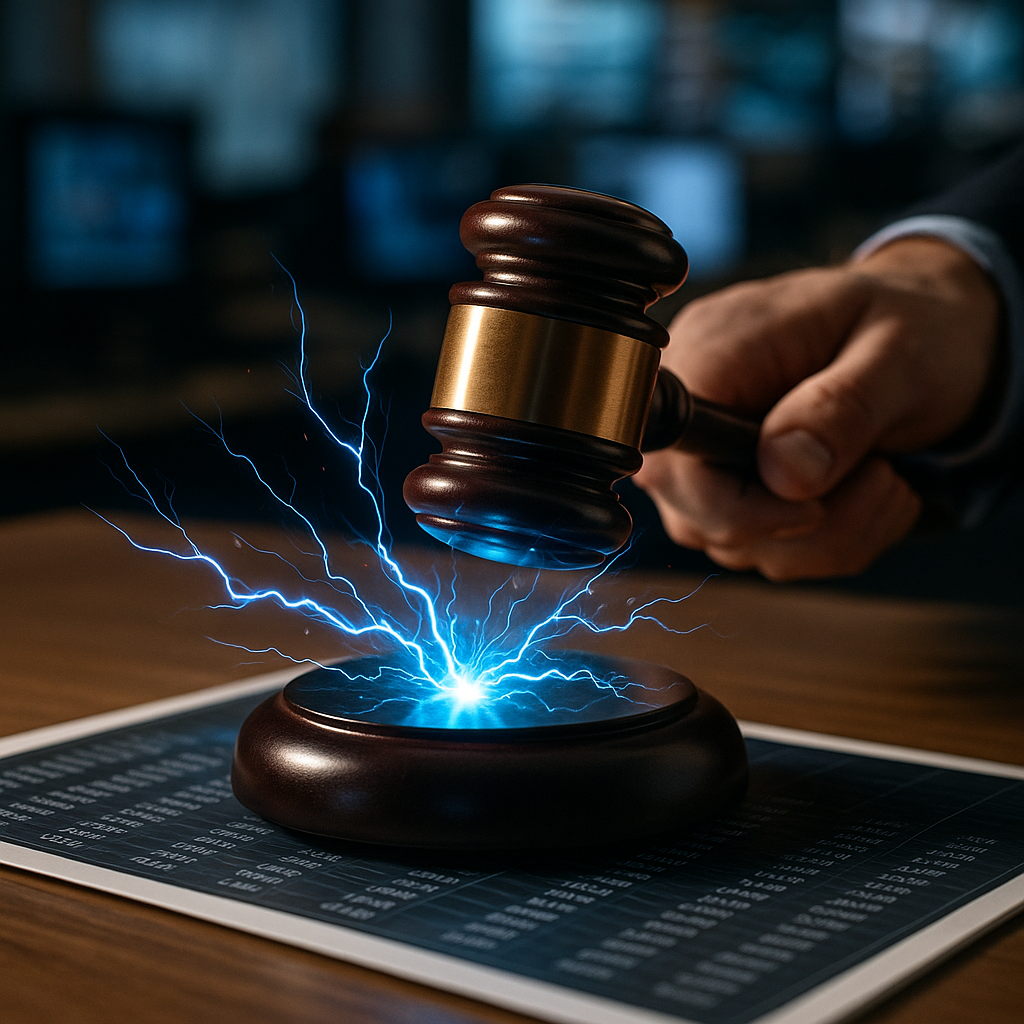 a courtroom gavel striking sparks of electric blue energy over a digital ledger