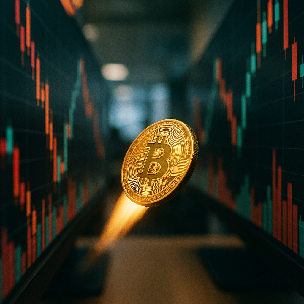 a glowing golden bitcoin rocketing through a neon-lit canyon of price candles