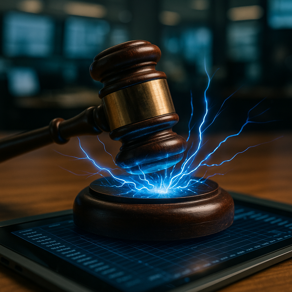 a courtroom gavel striking sparks of electric blue energy over a digital ledger