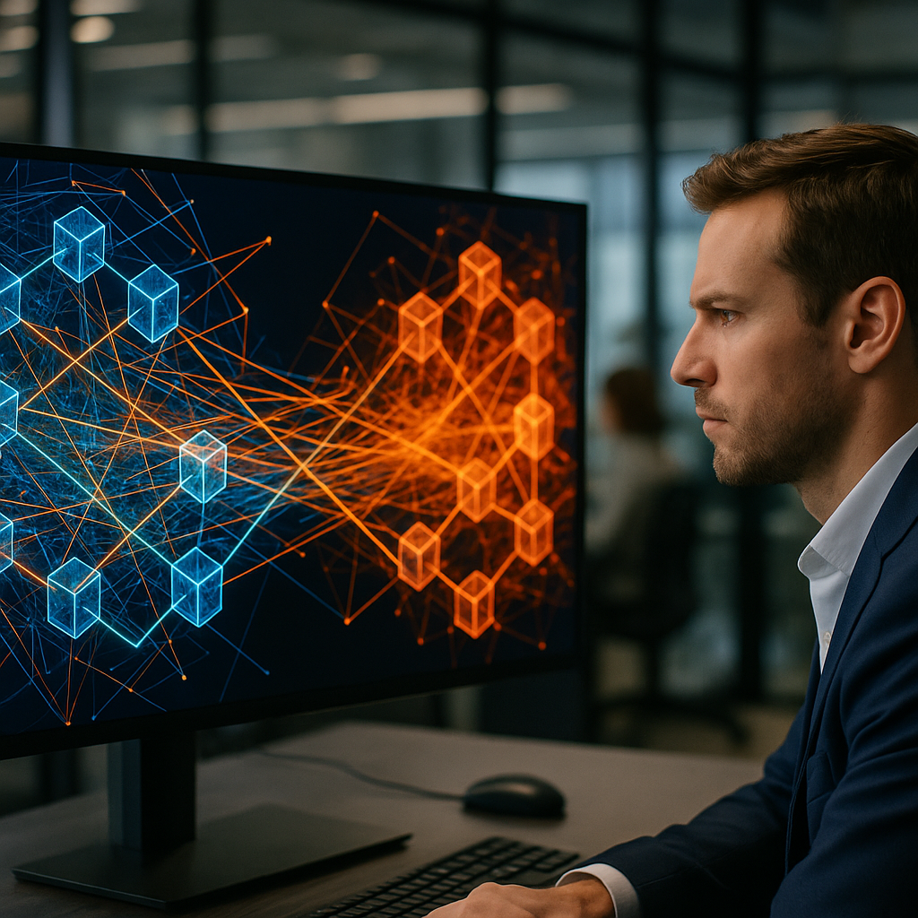 a vibrant digital landscape representing chaotic blockchain networks battling over decision-making processes