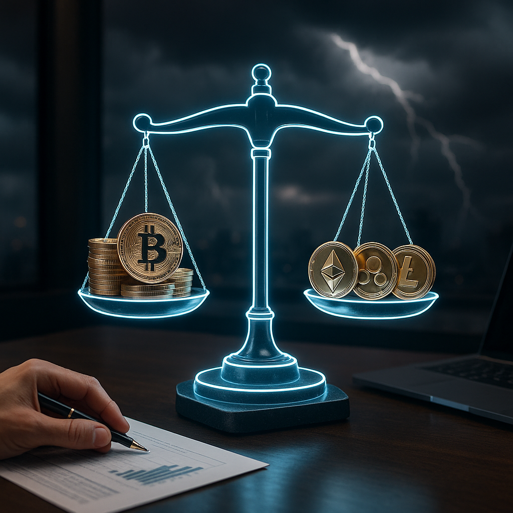 a glowing neon digital scale balancing coins representing various cryptocurrencies amid stormy skies, signifying tension between decentraliz