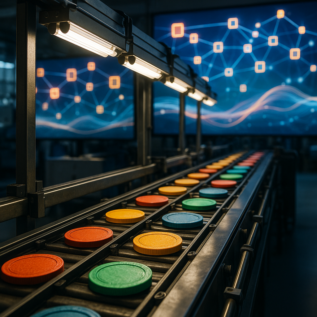 an electrifying assembly line producing vibrant tokens alongside visualizations of blockchain interactions creating waves across a vibrant t