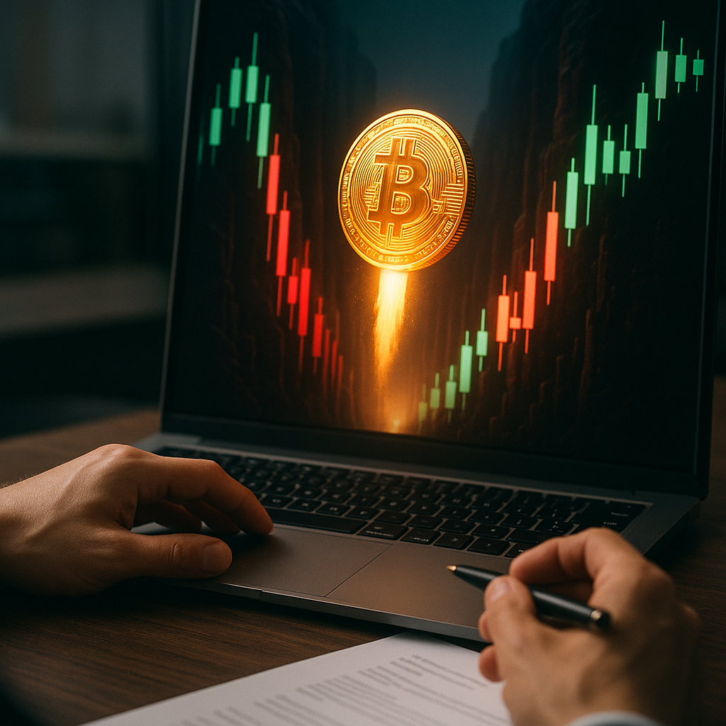 a glowing golden bitcoin rocketing through a neon-lit canyon of price candles