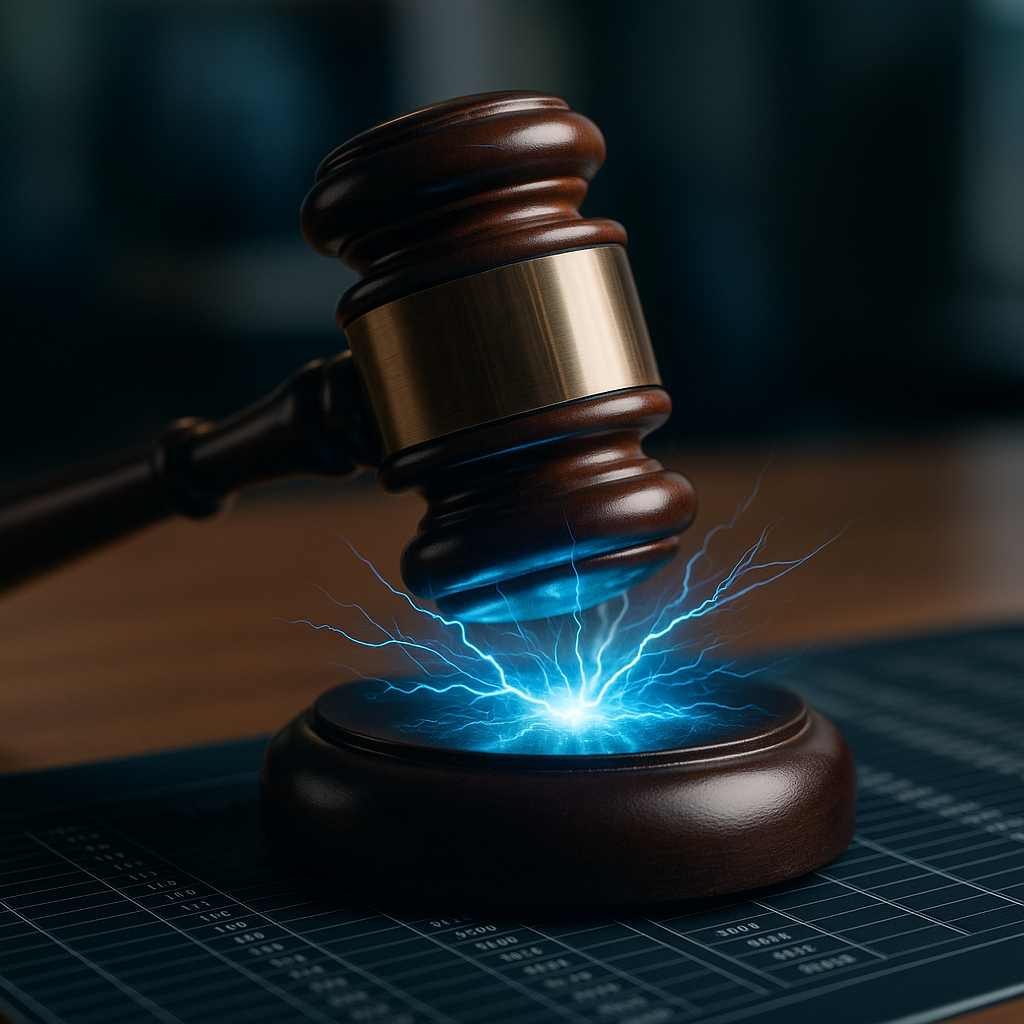 a courtroom gavel striking sparks of electric blue energy over a digital ledger