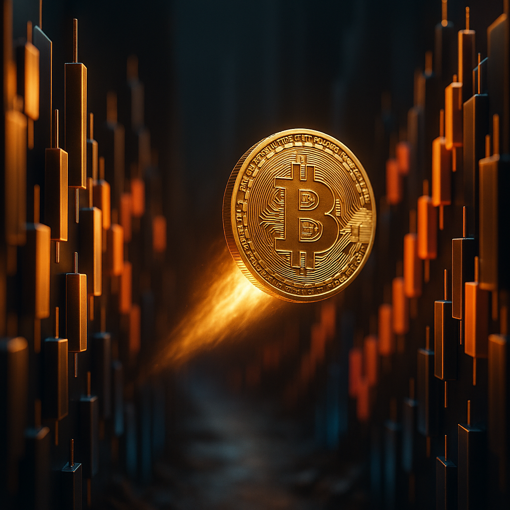 a glowing golden bitcoin rocketing through a neon-lit canyon of price candles