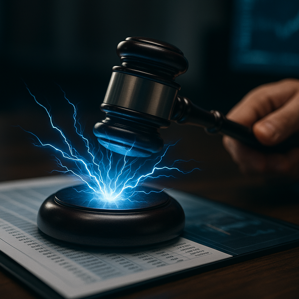 a courtroom gavel striking sparks of electric blue energy over a digital ledger