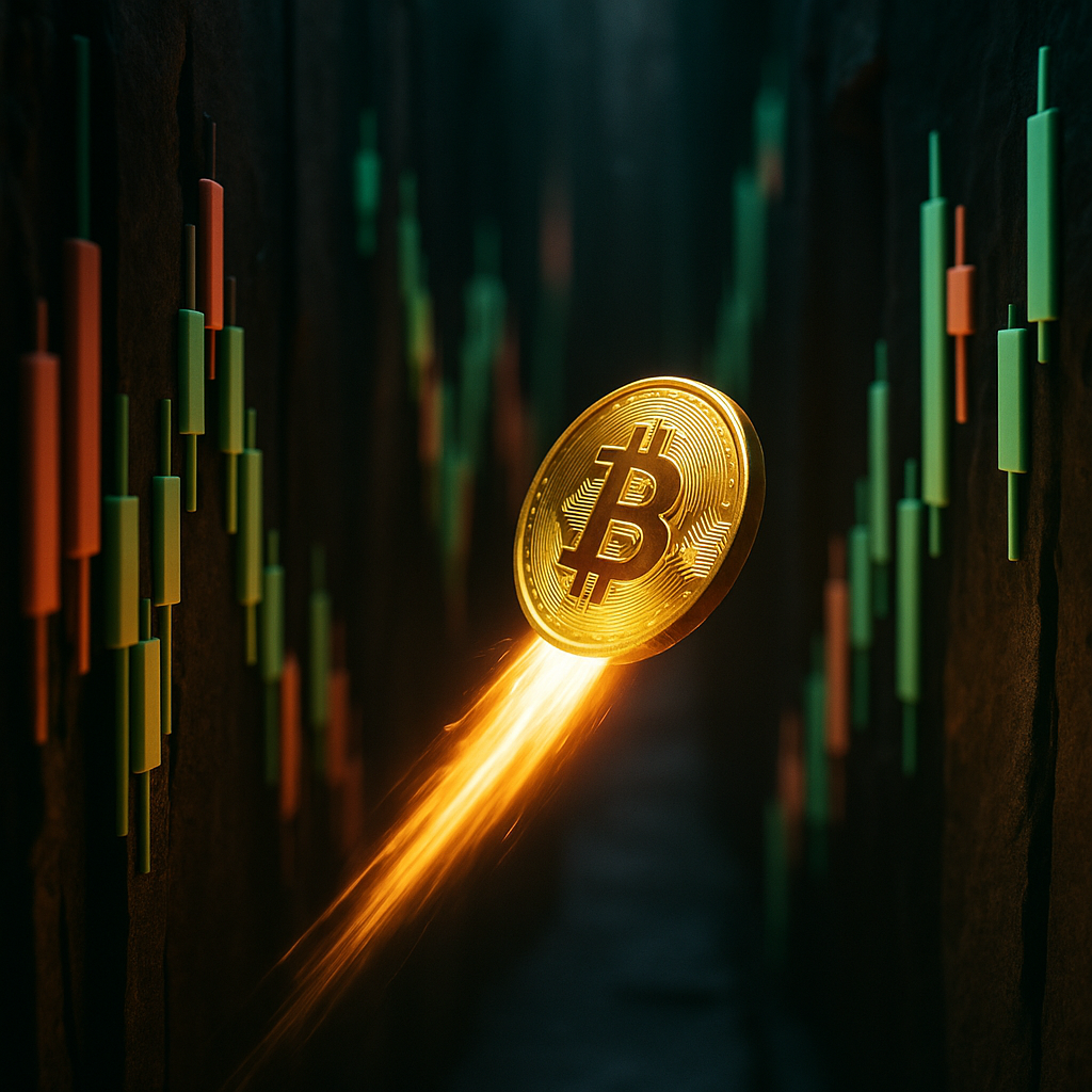 a glowing golden bitcoin rocketing through a neon-lit canyon of price candles
