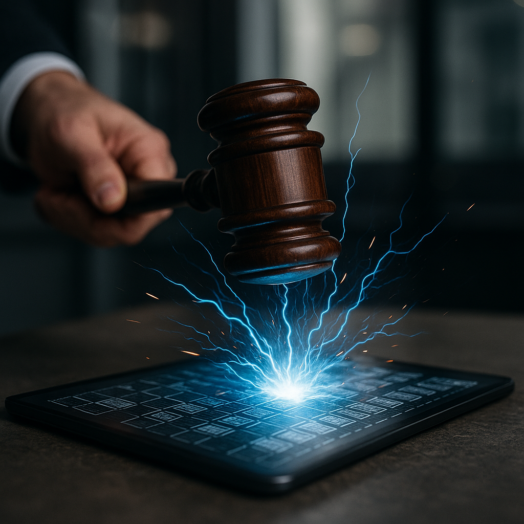 a courtroom gavel striking sparks of electric blue energy over a digital ledger