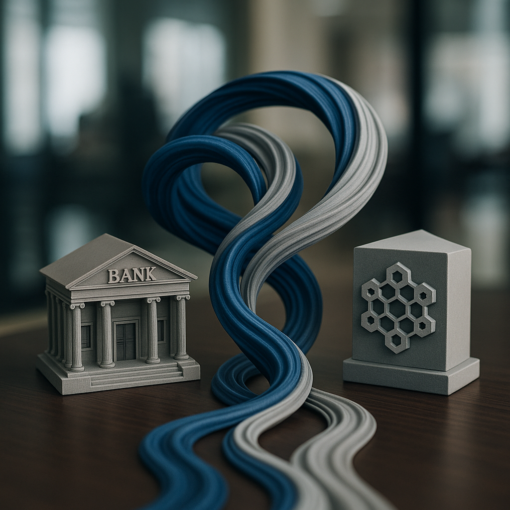 A digital representation of swirling deposit flows between traditional banks and decentralized platforms.