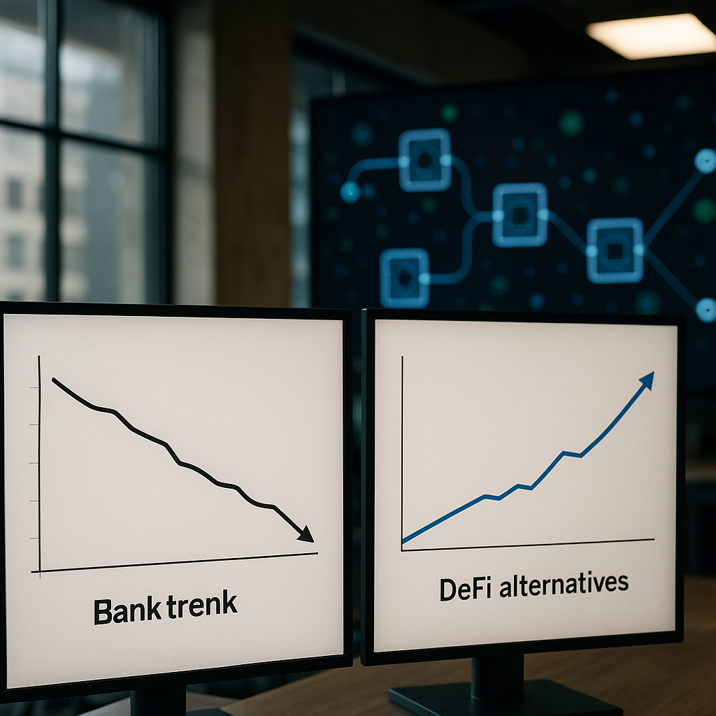 An image of contrasting interest rate graphs showing traditional bank trends versus rising DeFi alternatives.