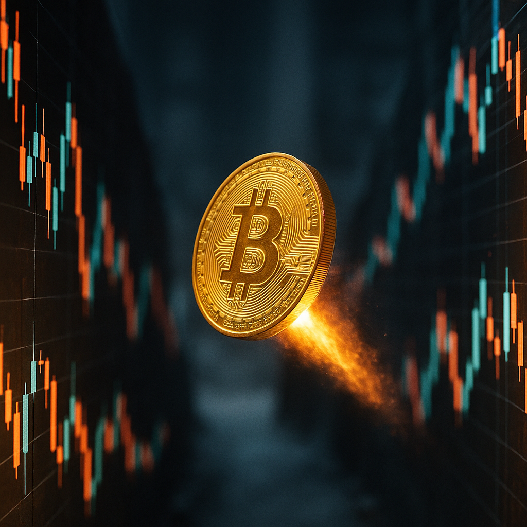 a glowing golden bitcoin rocketing through a neon-lit canyon of price candles
