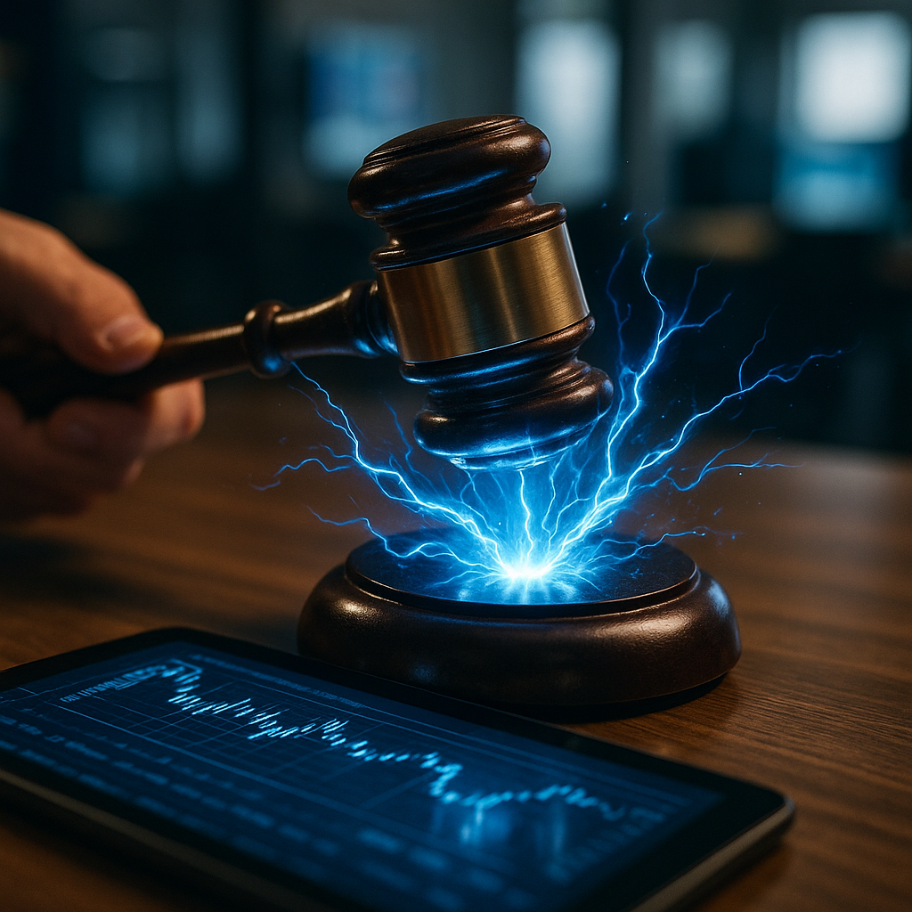 a courtroom gavel striking sparks of electric blue energy over a digital ledger