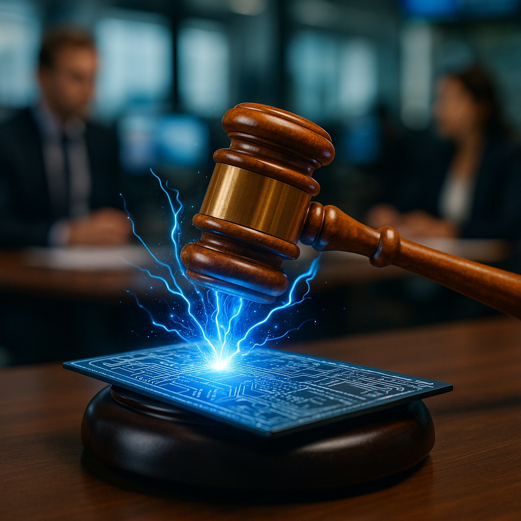 a vibrant courtroom gavel striking sparks of electric blue energy over a digital ledger