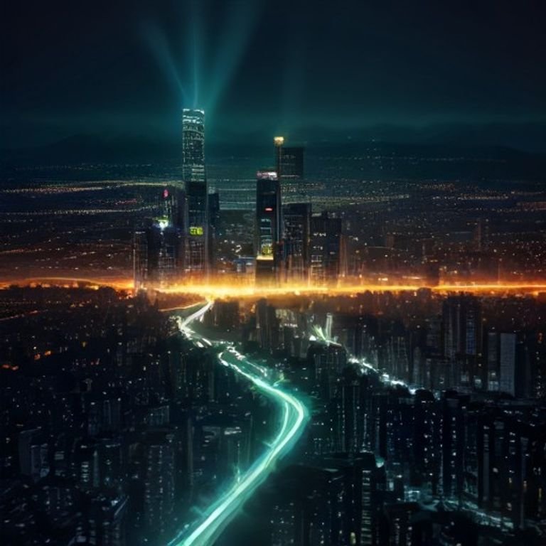 an electrifying graphic representation of fast-moving blockchain nodes interconnected with glowing lines above cityscape skyline