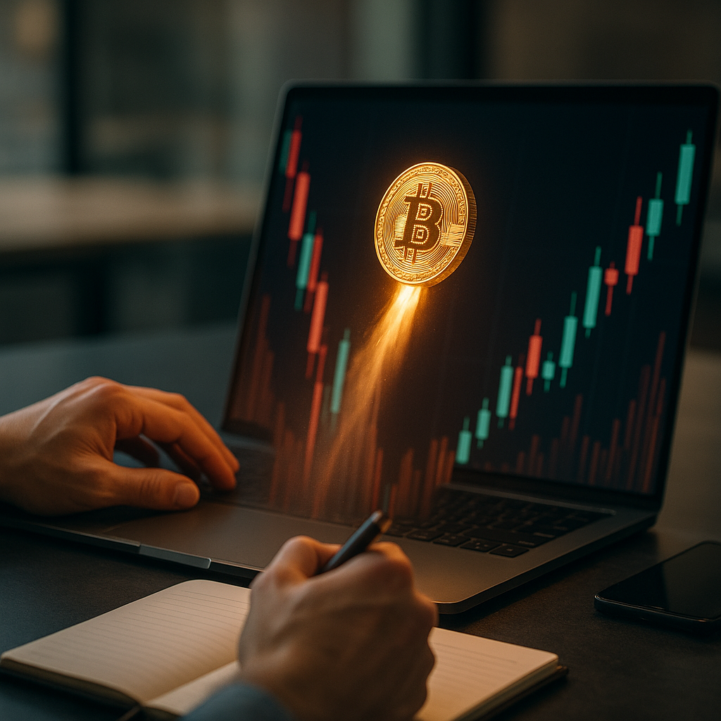 a glowing golden bitcoin rocketing through a neon-lit canyon of price candles