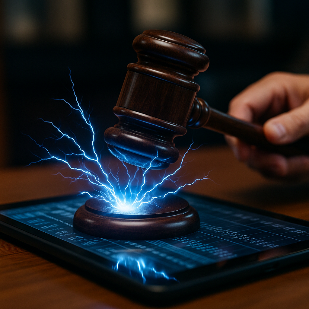 a courtroom gavel striking sparks of electric blue energy over a digital ledger