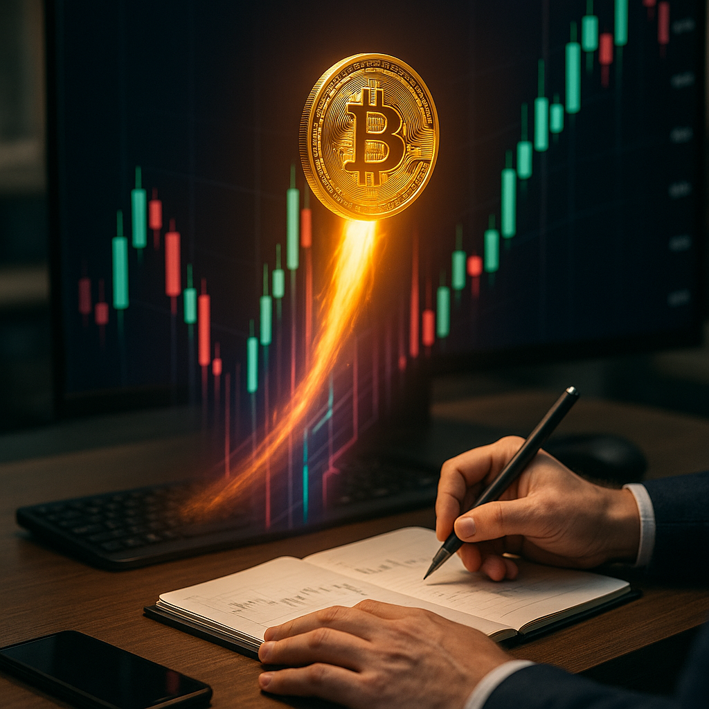 a glowing golden bitcoin rocketing through a neon-lit canyon of price candles