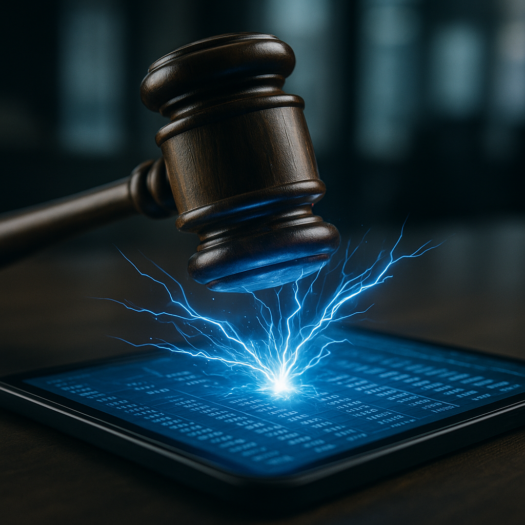 a courtroom gavel striking sparks of electric blue energy over a digital ledger