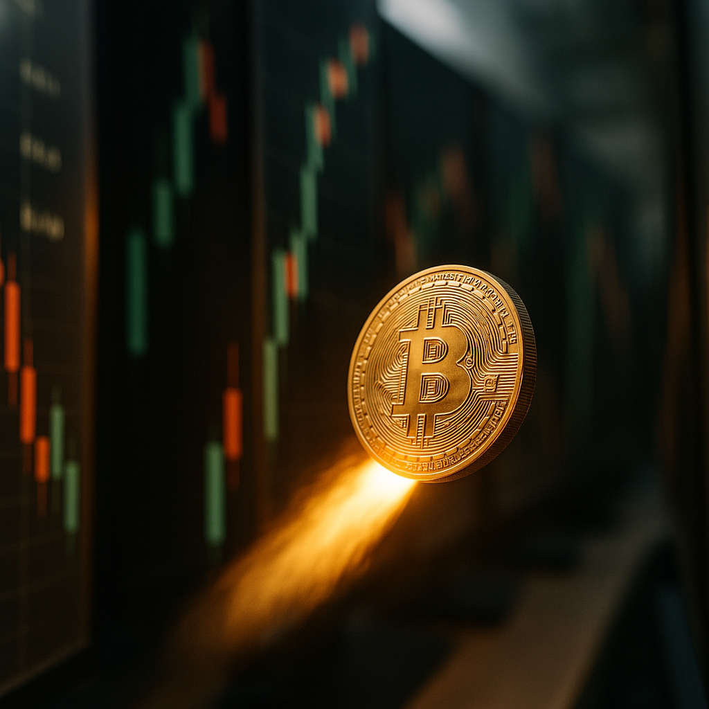 a glowing golden bitcoin rocketing through a neon-lit canyon of price candles