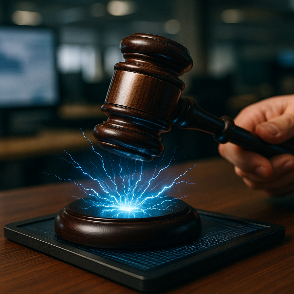 a courtroom gavel striking sparks of electric blue energy over a digital ledger