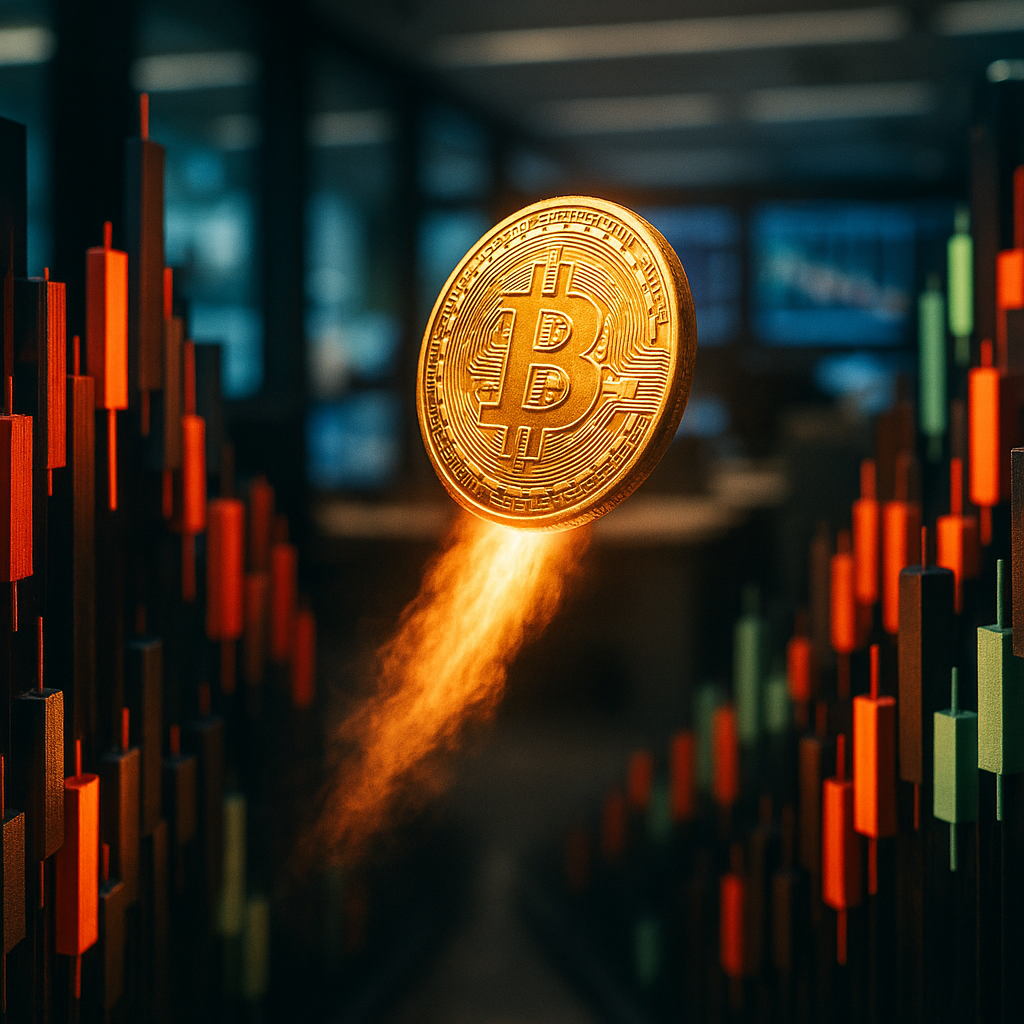 a glowing golden bitcoin rocketing through a neon-lit canyon of price candles