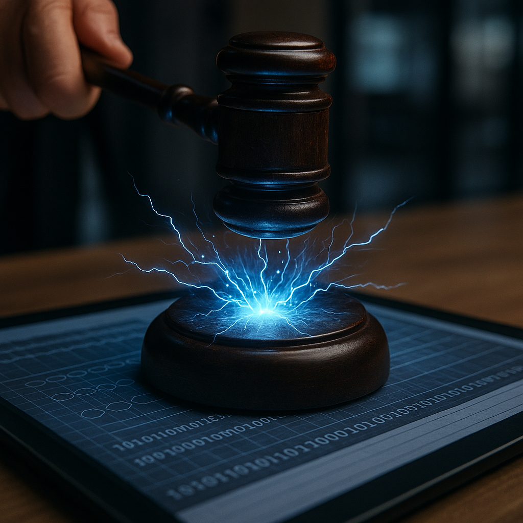 a courtroom gavel striking sparks of electric blue energy over a digital ledger