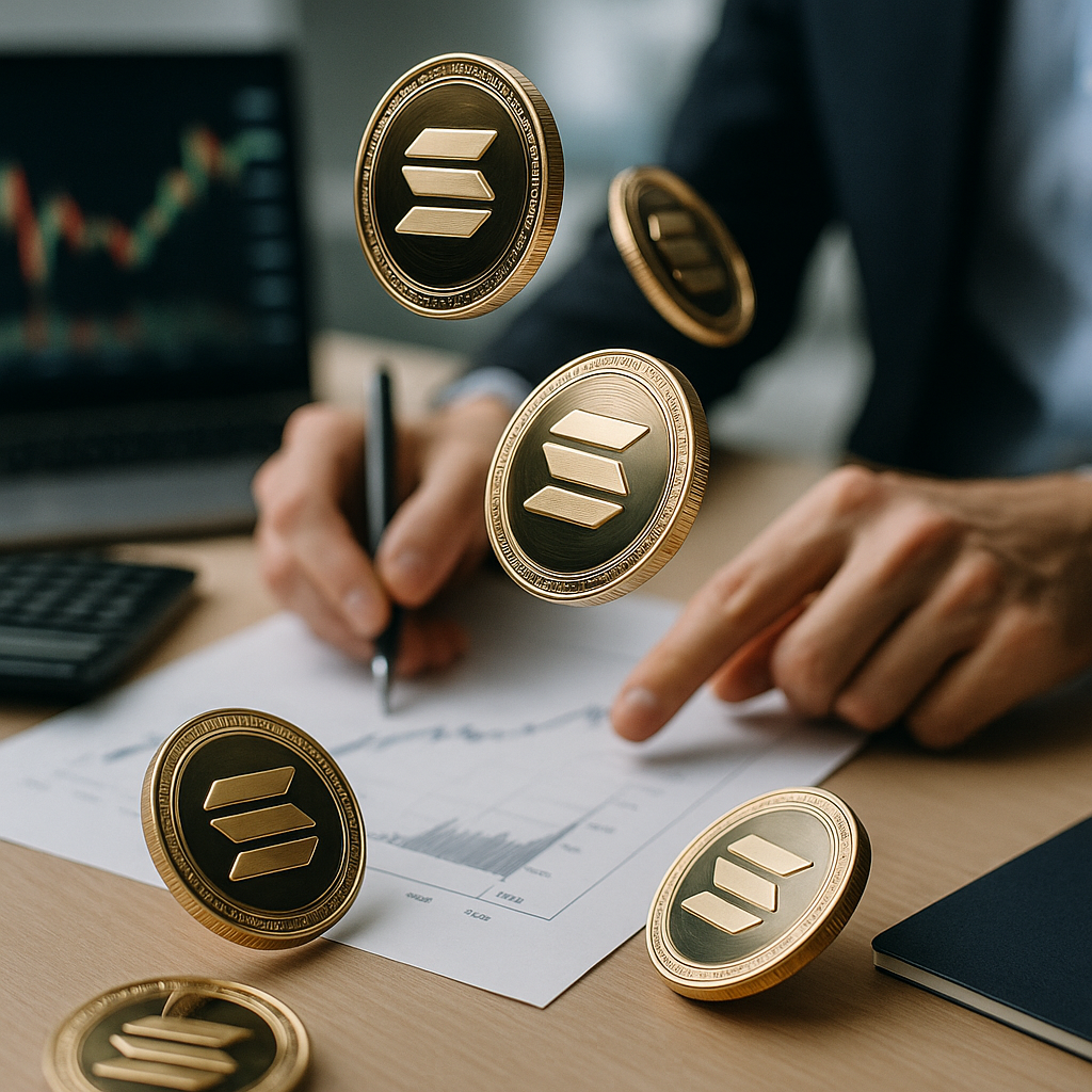 a dynamic scene of digital coins representing Solana