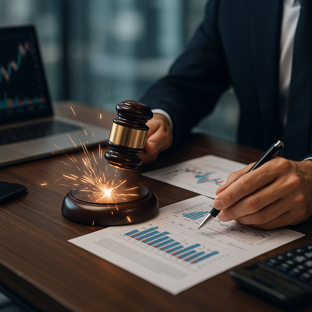 a courtroom gavel striking sparks