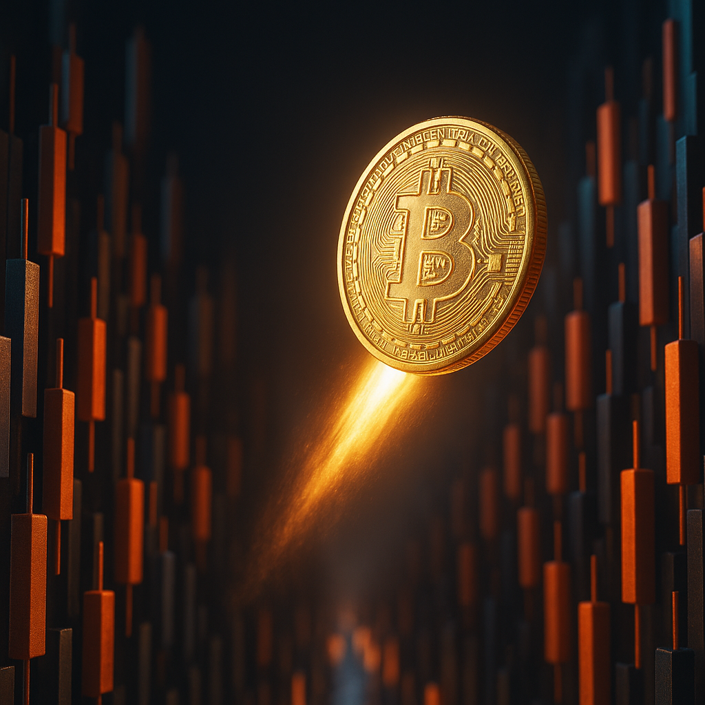 a glowing golden bitcoin rocketing through a neon-lit canyon of price candles