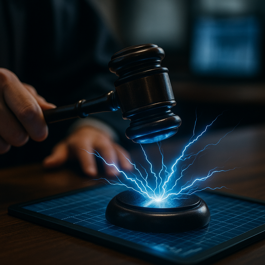 a courtroom gavel striking sparks of electric blue energy over a digital ledger