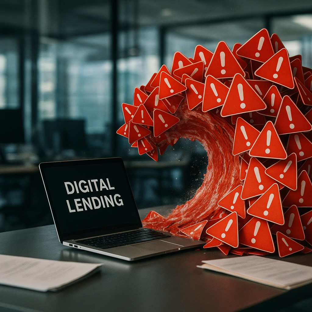 A dramatic scene depicting a digital lending platform collapsing under a tidal wave of red warning signs