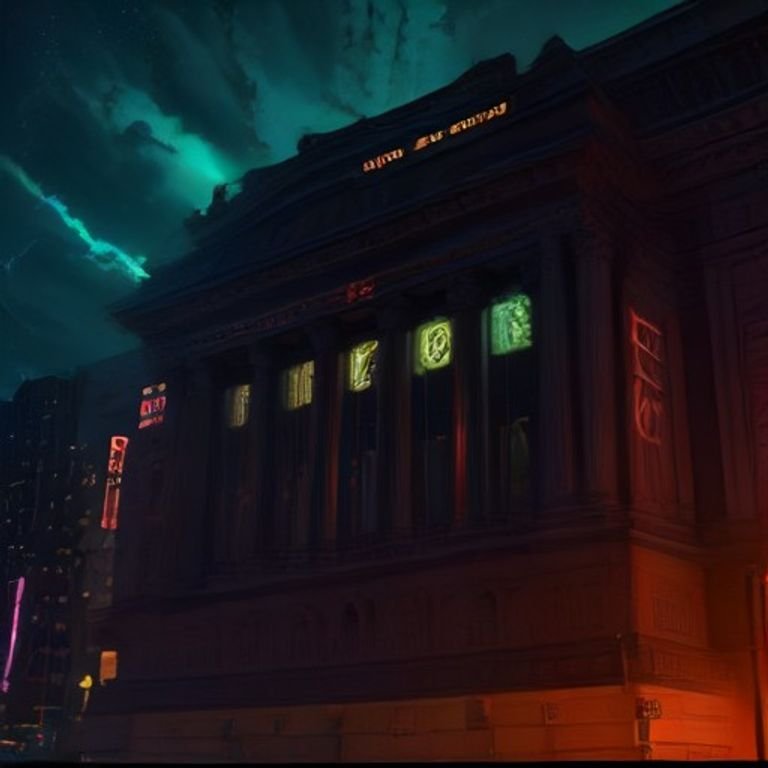 A dramatic scene with a bank facade illuminated in neon colors, surrounded by swirling digital currencies and glowing stablecoins representi