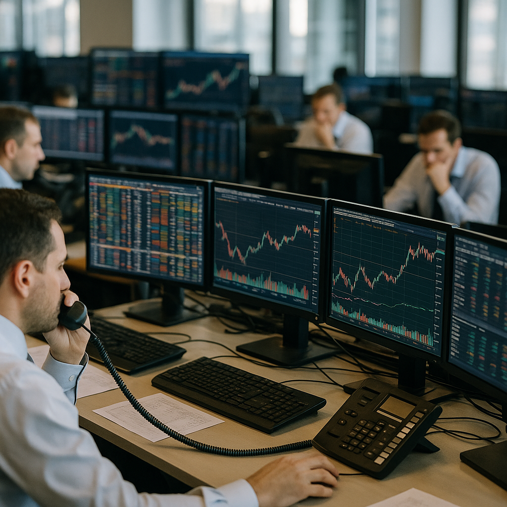 A bustling trading desk filled with monitors displaying financial data and charts.