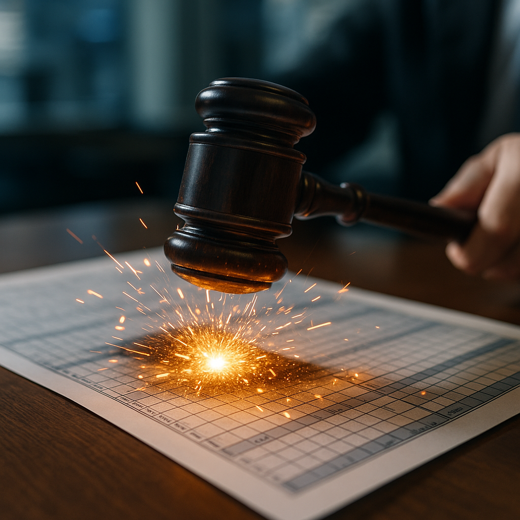 Courtroom gavel striking sparks over digital ledger.