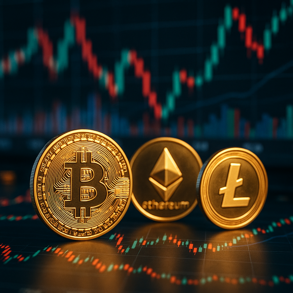A vibrant dynamic scene depicting financial charts with glowing cryptocurrencies.