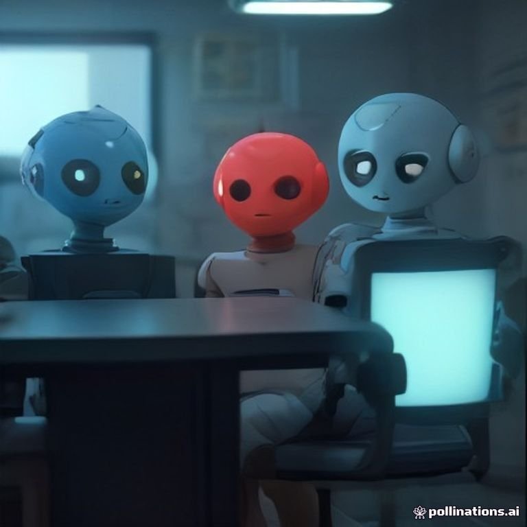 A group of comically stressed-out robots sitting around a conference table brainstorming safer AI practices.