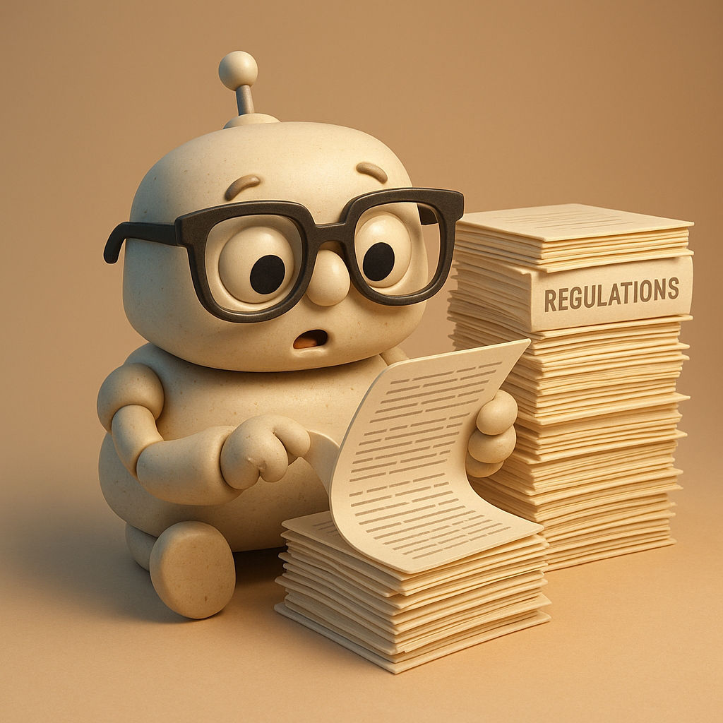 A quirky chatbot mascot wearing oversized glasses reading through a stack of regulation documents.