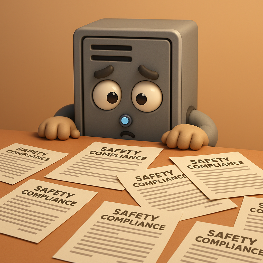 An anthropomorphic server tower nervously peeking over a desk cluttered with safety compliance forms.