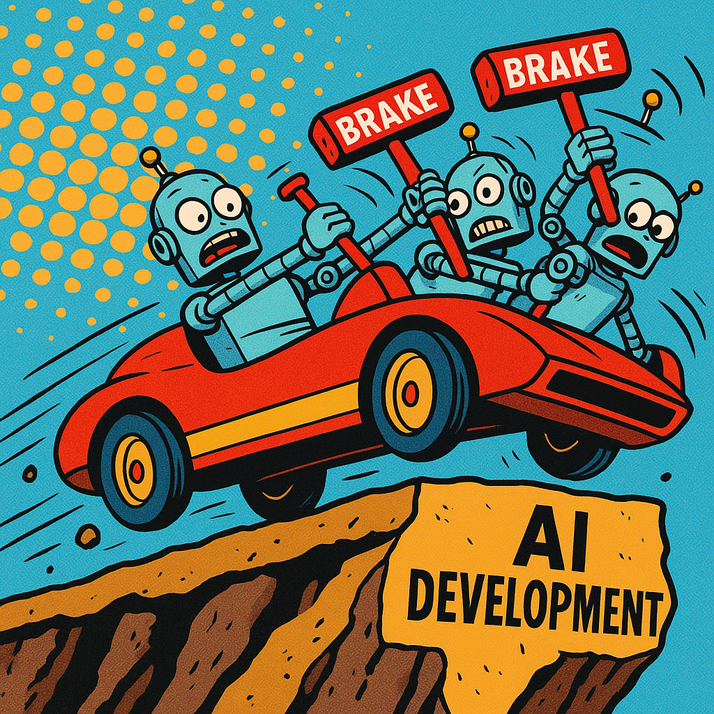A cartoon depicting robots trying to pull their brakes while racing toward a cliff labeled 'AI Development'